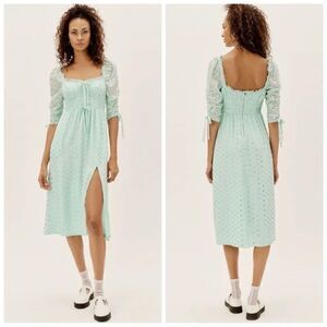 For Love & Lemons Eden Silk Midi Mint Green Dress Blend Metallic Hearts Size S